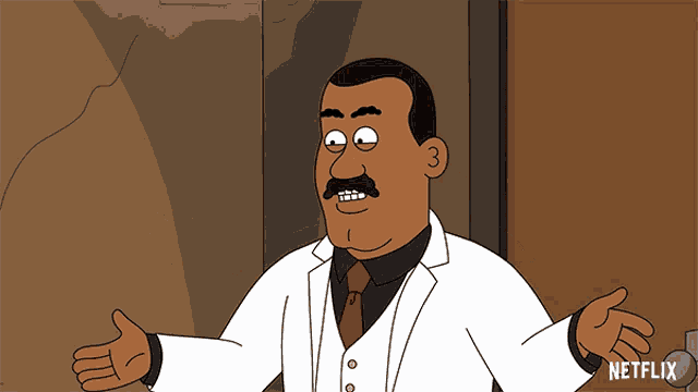 a cartoon of a man with his arms outstretched and a netflix logo behind him