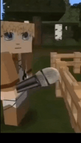 a cartoon character is standing in front of a wooden fence .