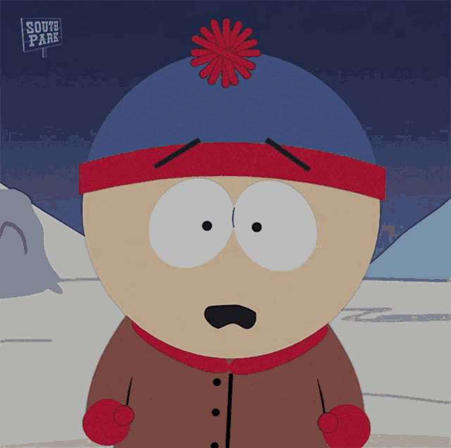stan marsh from south park is wearing a blue hat with a red flower on top