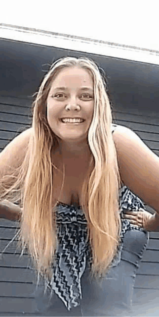 a woman with long blonde hair and a plunging neckline smiles for the camera .