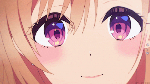 a close up of a girl 's face with purple eyes and the hashtag hothotmiso