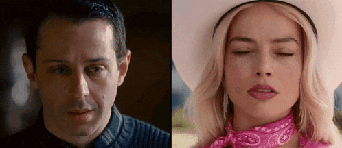a man and a woman are looking at each other with their eyes closed . the woman is wearing a pink bandana .