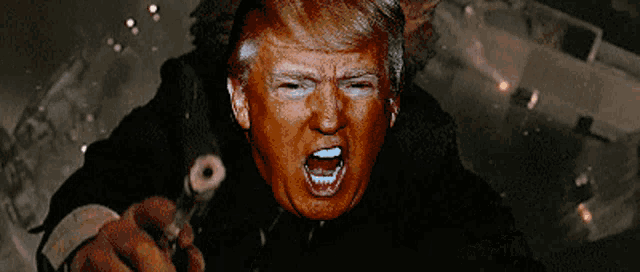 donald trump is holding a gun in a dark room