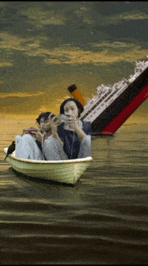 two people in a boat with a ship in the background that says titanic