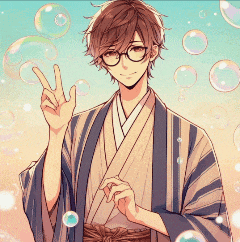 a man in a kimono and glasses is surrounded by bubbles and giving a peace sign