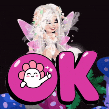 a picture of a fairy giving a thumbs up next to a pink ok sign
