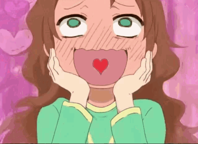 a cartoon girl is making a funny face with her mouth open and a heart in her mouth .