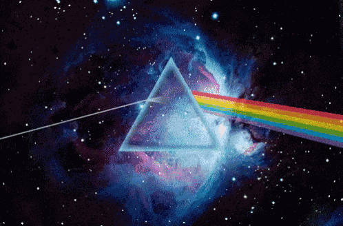 a rainbow is coming out of a triangle in the middle of a galaxy