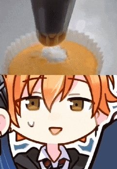 a close up of a cartoon character 's face next to a picture of a cupcake
