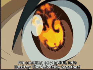 a close up of a person 's eye with the words " i 'm counting on you ifrit " below