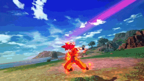 a pixel art of a cartoon character with a purple beam coming out of his chest