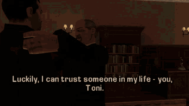 two men are hugging in a dark room and one of them says luckily i can trust someone in my life - you toni