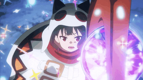 a girl in a cat costume holding a purple object