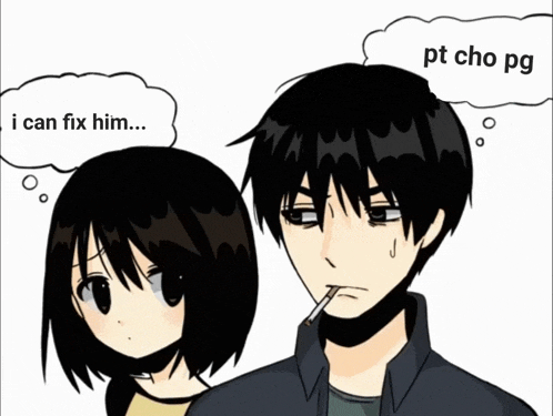a boy and a girl are standing next to each other with a speech bubble that says i can fix him