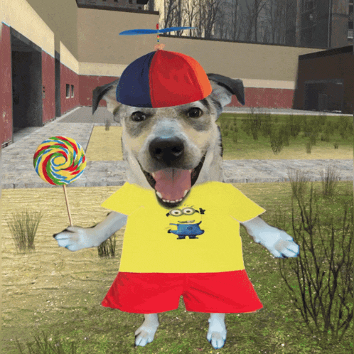 a dog is wearing a yellow shirt with minions on it and holding a lollipop