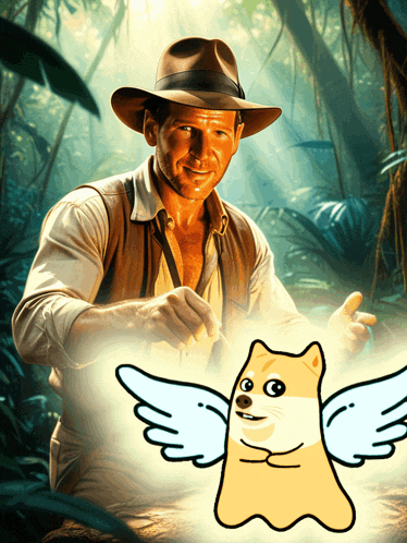 a drawing of a man in a hat and a dog with wings