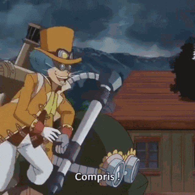 a cartoon character with a top hat and goggles is holding a gun and says compris !