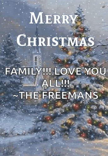 a merry christmas card with a snowy christmas tree