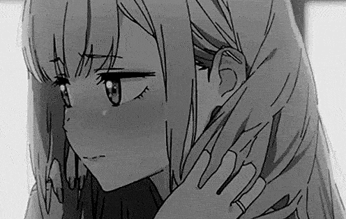 a black and white drawing of a sad anime girl covering her face with her hand .