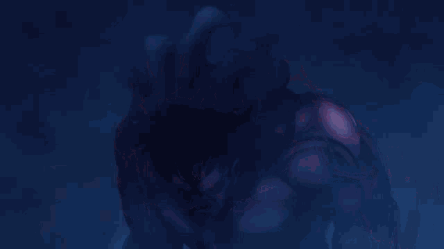 a cartoon character with red eyes and muscles is standing in the dark