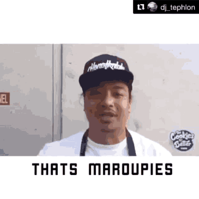 a man wearing a hat and apron with the words thats maroupies on the bottom