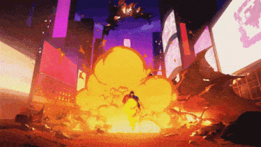 a cartoon drawing of an explosion in a city with the letter f in the background
