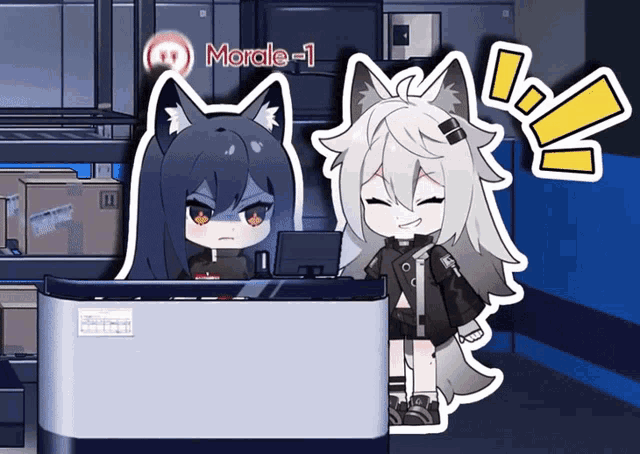 two anime characters are standing next to each other and one of them has morale 1 written on it