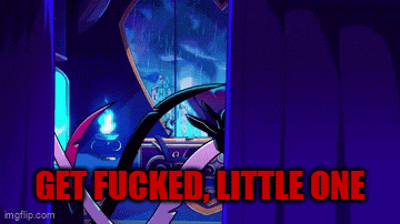 a cartoon character is standing in front of a blue curtain with the words `` get fucked , little one '' written on it .