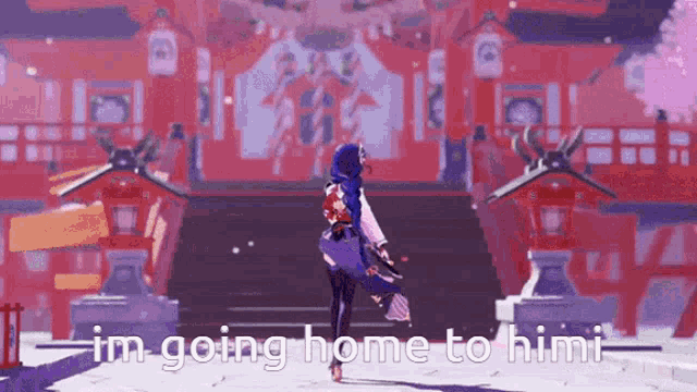 a video game character is standing in front of a red building with the words `` im going home to him '' .