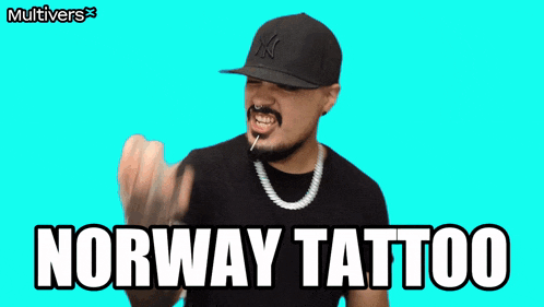 a man wearing a hat and necklace says norway tattoo on a blue background