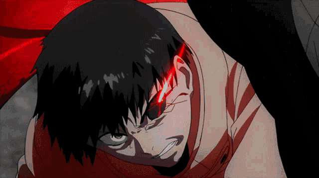 a man with a red eye is laying down
