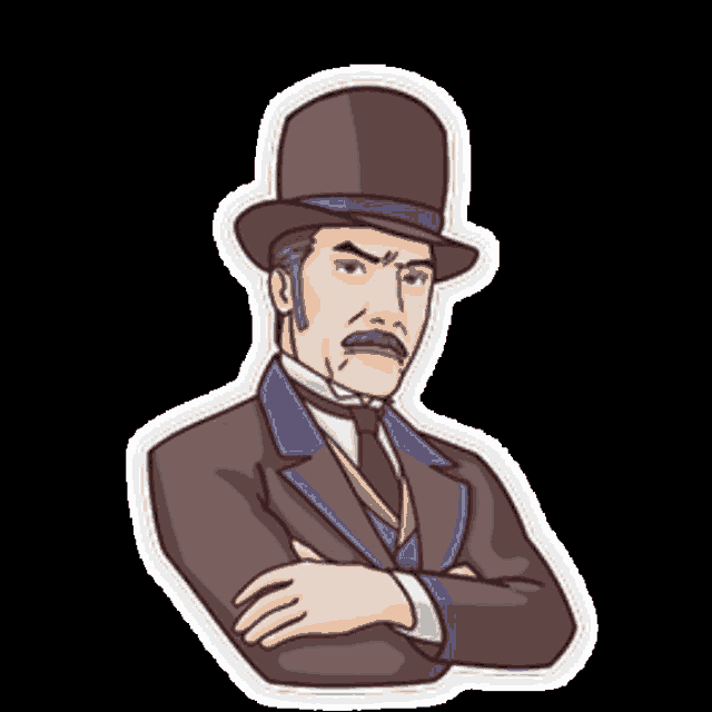 a cartoon drawing of a man wearing a top hat with his arms crossed