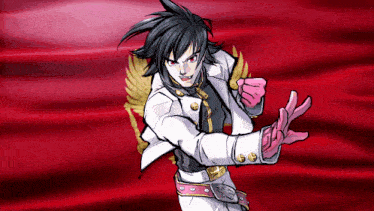 a cartoon character with black hair and red eyes is standing in front of a red flag
