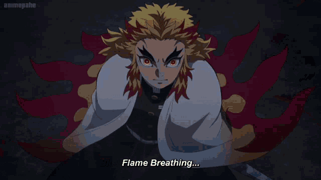 a cartoon character says " flame breathing " at the bottom