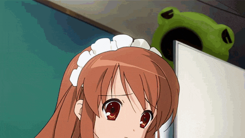 a girl with red eyes and a white maid 's headband looks at the camera