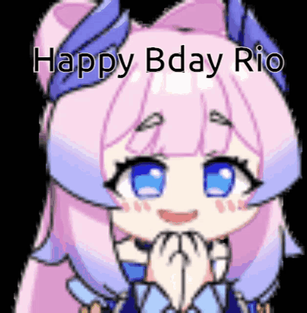 a cartoon girl with pink hair and blue eyes is smiling and holding her hands together .