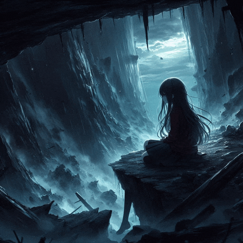 a girl sits on the edge of a cliff in a cave