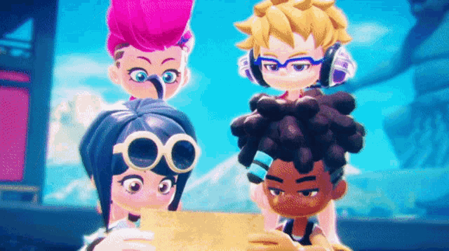 a group of cartoon characters are looking at a map together