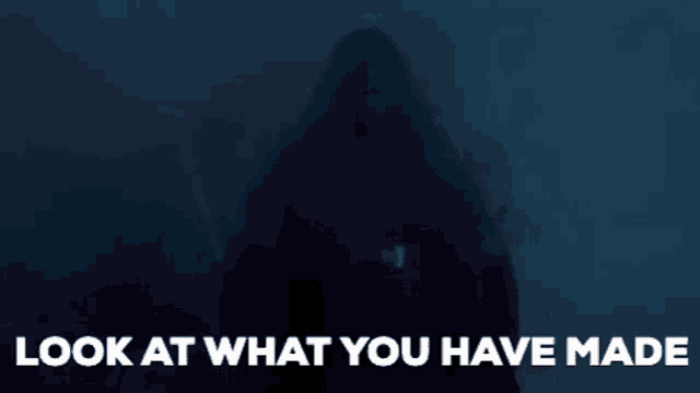 a man in a hooded robe is standing in the dark with the words `` look at what you have made '' .