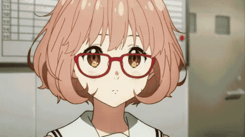 a girl with pink hair and red glasses stands in front of a white board