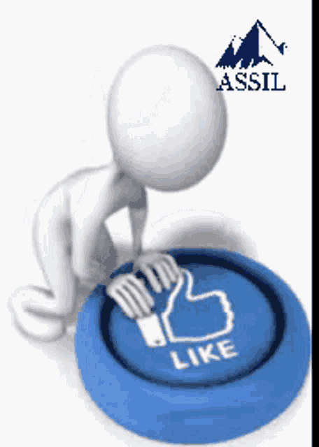 a 3d man is kneeling on a blue button that says like