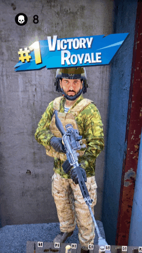 a man with a rifle stands under a sign that says victory royale