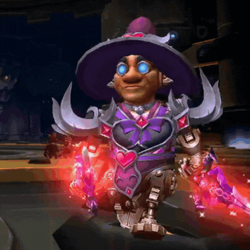 a video game character is wearing a purple hat and holding a red object