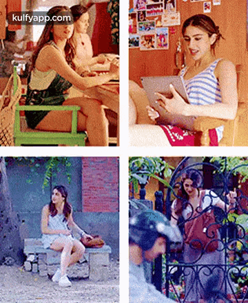 a collage of four pictures of a woman sitting in a chair using a tablet computer .