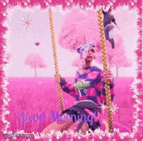 a picture of a girl on a swing with the words good morning written on it
