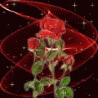 a red rose with green leaves is surrounded by a red ribbon and stars on a black background .