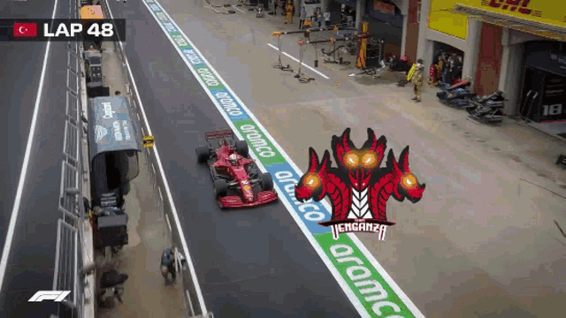 a race car is driving down a track with the number 48 on the bottom