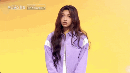a girl in a purple jacket says ano raw in korean