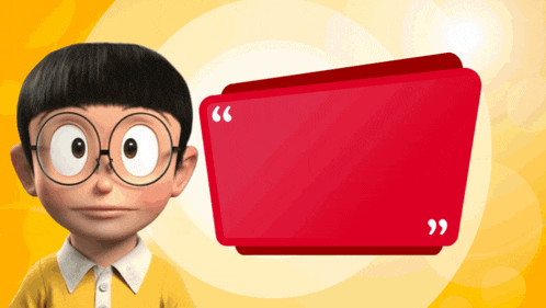 a cartoon boy with glasses stands next to a red speech bubble with white quotation marks