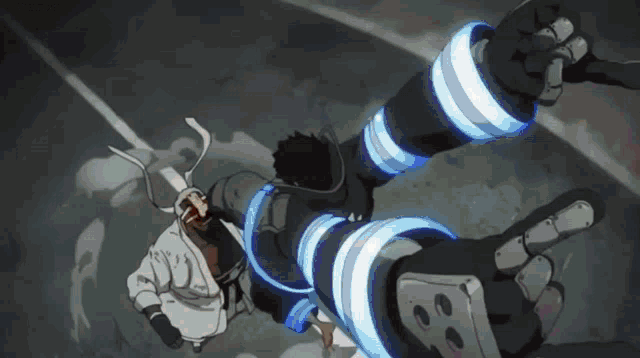 a cartoon character with horns is being attacked by a robot with a sword .